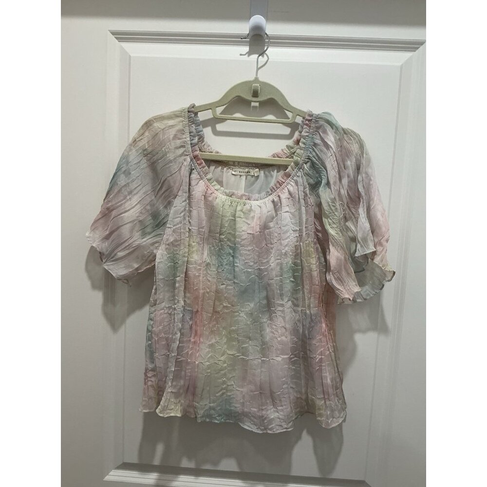 Ellison Top Small Women's Pink Green Small Gather Scoop Neck Ruffle Sleeve